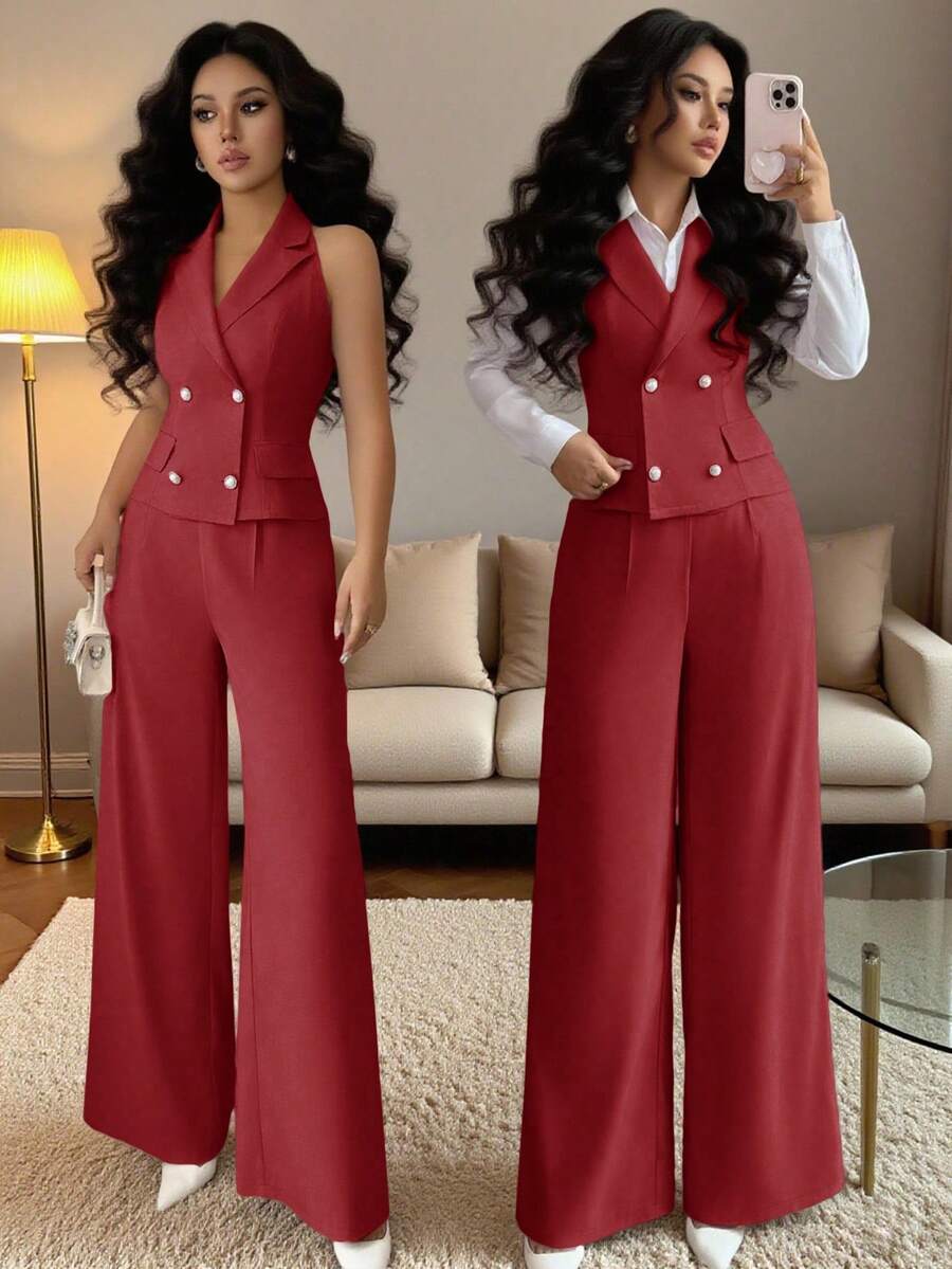 Elenzga 两件套女士商务套装，珍珠纽扣无袖翻领上衣搭配高腰直筒裤，通勤OL风，适合商务会议和日常办公穿着，春秋季款 - 紅色 - 查看 1