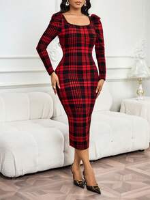 SHEIN Lady 女士格子印花圆领修身优雅长袖中长连衣裙 - 彩色 - 查看 5