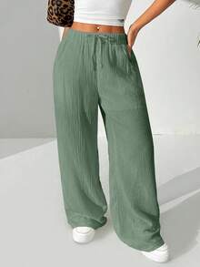 EURMUSE Quần ống rộng đơn sắc, rộng rãi, thường ngày bằng cotton, thắt eo cho nữ - Màu xanh Bạc hà - Xem 1