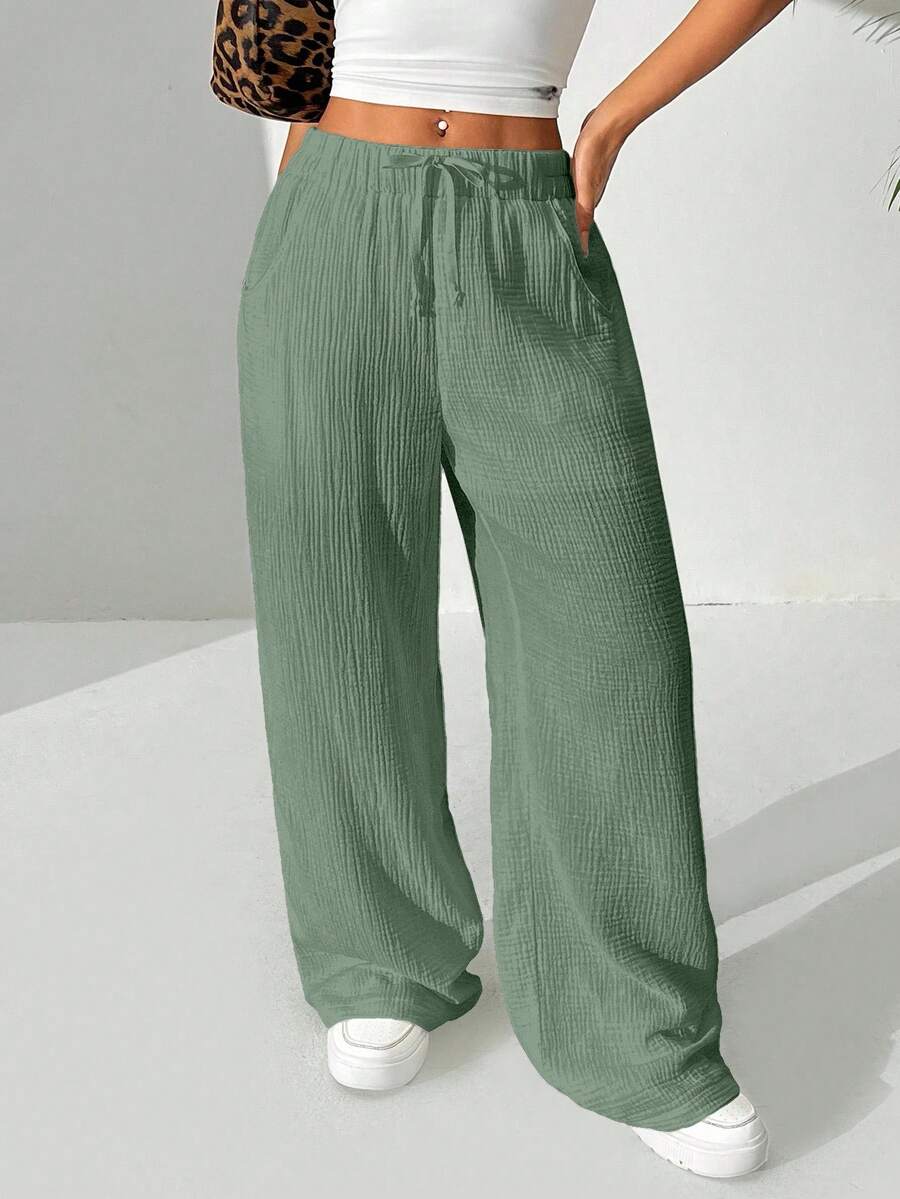 EURMUSE Quần ống rộng đơn sắc, rộng rãi, thường ngày bằng cotton, thắt eo cho nữ - Màu xanh Bạc hà - Xem 1