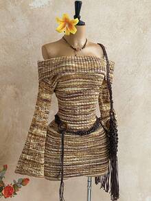 Soleia Váy lệch vai dệt kim gradient mới, dệt kim họa tiết, màu cam nâu ombre, thích hợp cho tiệc trà chiều, bãi biển, bờ biển và các dịp nghỉ dưỡng khác - Nhiều màu - Xem 3