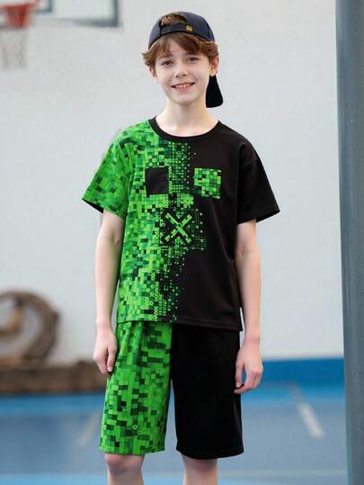 SHEIN Fantacosmos 2pcs Boys' Casual Geometric Patchwork Printed T-Shirt And Shorts Set, Fashion Sibling Matching Outfits (2 Sets Pieces Are Sold Separately) Tween Boys Sets Green Teen Boys Green Two Piece 8yr Old Boy Clothes Green Tween Boy Clothes