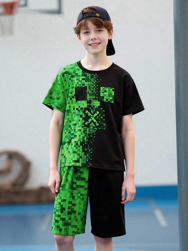 SHEIN Set de 2 piezas de camiseta y pantalones cortos casuales con estampado geométrico de retazos para niños, conjuntos a juego de hermanos a la moda (se venden por separado los 2 sets)