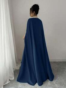 Rafferiza 女士优雅两件套：缎带装饰蝙蝠袖前开衫和无袖连衣裙 - 藏蓝色 - 查看 2