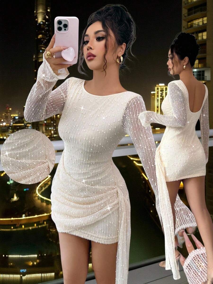 Rafferiza 女式合身针织不对称下摆串珠休闲度假派对连衣裙，性感节日鸡尾酒会连衣裙 - 杏色 - 查看 1