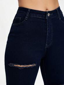 SHEIN ICON Black Slant Pocket Ripped Skinny Jeans - Dark Wash - View 4