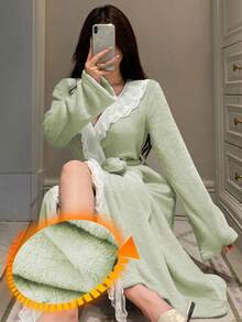 DAZY Women's Long Plush Fluffy Lace Ruffle Hem Patchwork Bathrobe, Winter - Mint Green - View 4