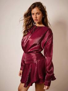 COSMINA Christmas Dress Women's Solid Color Tie Collar Long Sleeve Double Ruffle Hem Elegant Short Dress, Burgundy Dress - Burgundy - View 6