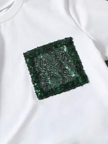 Conjunto de 2 peças para meninas pré-adolescentes: camiseta casual de manga curta com gola redonda e detalhes em miçangas, e saia elegante de tule com lantejoulas, ideal para primavera/verão. - Verde escuro - Ver 5
