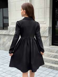 SHEIN Tween Girls Black Blazer Dress With Waist Cinching, Long Sleeves, Contrast Ruffle Trim, Casual Everyday Versatile Dress For Parties And Occasions - Black - View 2