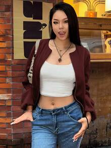 EMERY ROSE 女士休闲日常通勤简约纯色拉链短款外套 - 酒紅色 - 查看 4