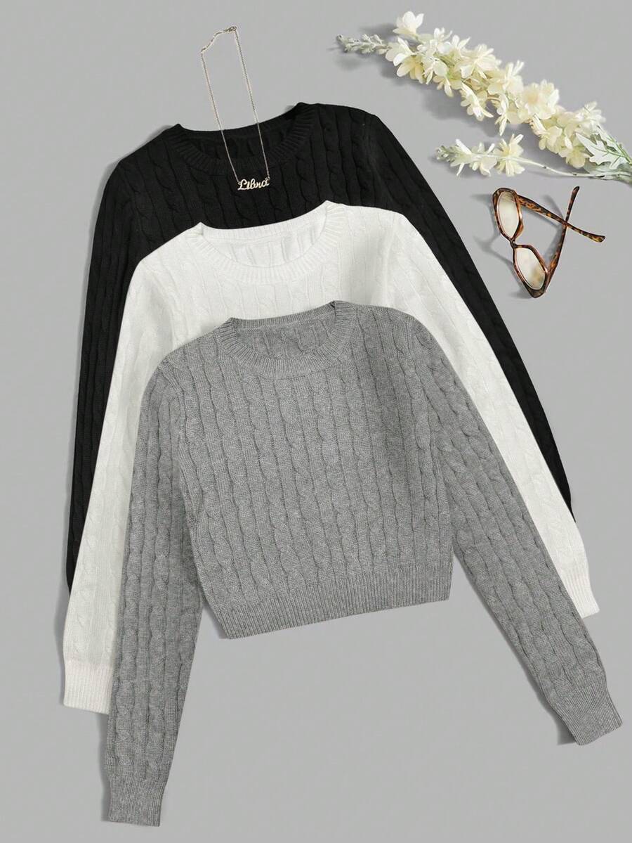 Chiquease 女式休闲粗线图案圆领长袖毛衣，秋冬 - 彩色 - 查看 1