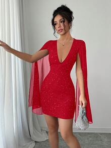 Elenzga Đầm ôm body tay rộng cổ chữ V gợi cảm dành cho nữ - Đỏ - Xem 6