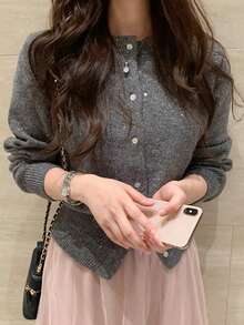 DAZY 女士亮片装饰休闲开衫毛衣 - 灰色 - 查看 5