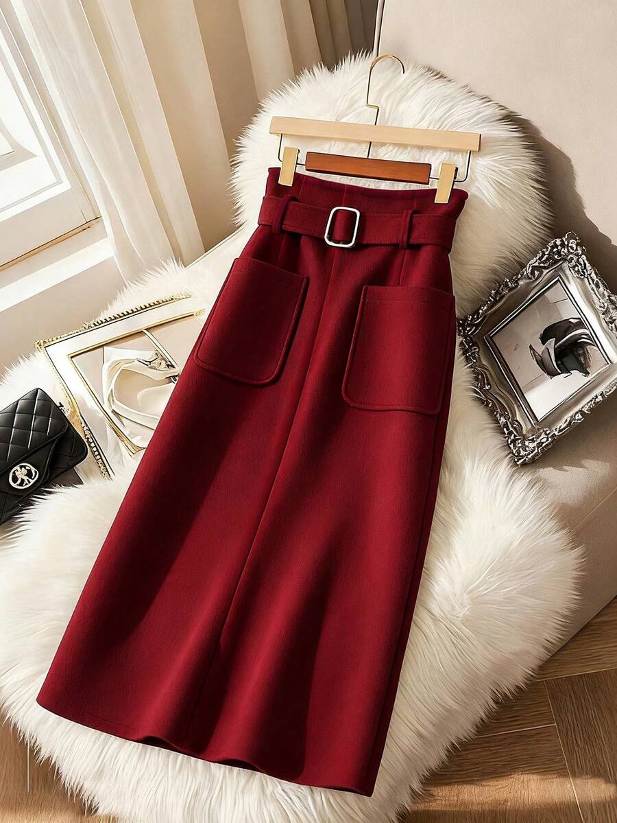 Franclia 新款红色休闲A字直筒女裙 - 酒紅色 - 查看 1