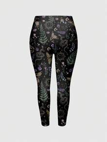 ROMWE Goth Leggings ajustados y sexys para mujeres con estampado de setas oscuras, sol, luna, estrellas y mariposas de estilo gótico - Negro - Ver 2