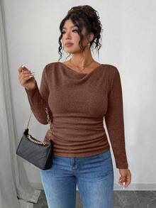 Elenzga Áo thun dài tay ôm sát họa tiết bèo nhún cổ điển không đối xứng cỡ lớn cho nữ RosyDaze - Màu nâu  Mocha - Xem 7