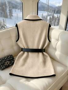 Franclia 大码女式撞色包边翻领口袋针织背心，休闲及办公穿着，秋冬款 - 卡其色 - 查看 2