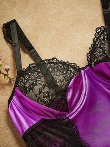 Spicy Aura Plus Size Women Contrast Lace Sexy Lingerie Bodysuit - Purple - View 9