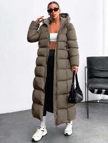 EURMUSE Iconic A Shape Silhouette Zip Up Hooded Padded Long Extra Warm Winter Coat - Mocha Brown - View 3