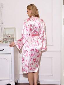 SweetSlumber Casual Young V Neck Satin Robe For Women Baby Pink Random Bow Print Belted Three Quarter Drop Shoulder Sleeve Midi Length Sleepwear - Baby Pink - View 2