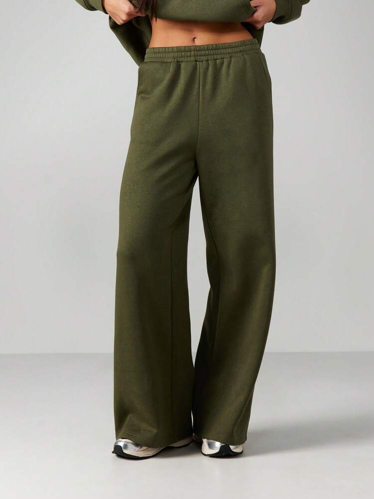 MISSGUIDED Women Wide Leg High Rise Olive Sweatpants Relaxed Fit Jogger Pants Casual Lounge Drawstring Waist Full Length Bottoms