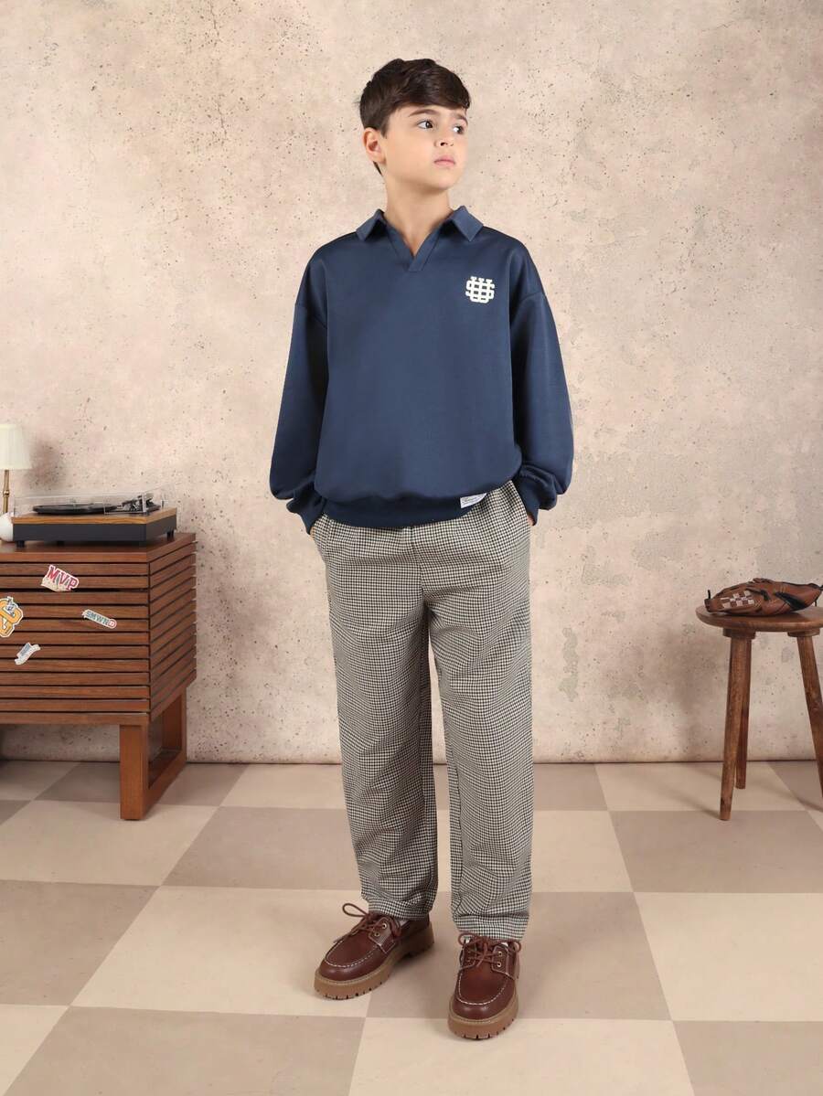 SUMWON 長袖海軍藍 Polo 衫搭配灰色格紋長褲套裝,經典領口休閒日常校園穿搭,舒適度假造型 - 黑色 - 查看 1