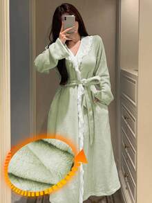 DAZY Women's Long Plush Fluffy Lace Ruffle Hem Patchwork Bathrobe, Winter - Mint Green - View 3