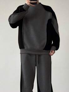 Claim Dot 男士拼色圆领长袖休闲运动衫和运动裤宽松套装，秋季，男士两件套，男士两件套运动裤，男士运动服，男士两件套春秋季 18 25 63 77，舒适服装 - 深灰色 - 查看 4