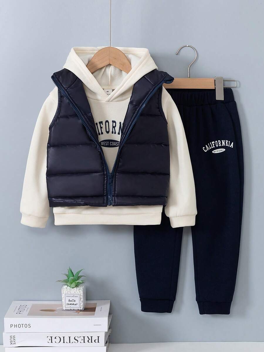 SHEIN 男童时尚休闲三件套：加厚立领背心外套 + 字母印花连帽卫衣 + 运动休闲裤，秋冬季保暖保暖内衬 - 藏蓝色 - 查看 1