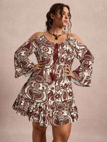 Freevana 大码复古休闲佩斯利印花露肩连衣裙，秋季 - 杏色 - 查看 5