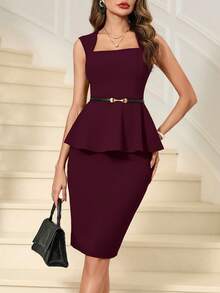 SHEIN Clasi 女士纯色方领无袖荷叶边露脐上衣和鱼尾中长裙两件套 - 紫紅色 - 查看 3