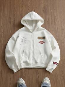 SWAVVY Men's Casual Zip-Up Hoodie Sweatshirt With Screen Print, Loose Fit, Spring/Autumn - Light Yellow - View 1