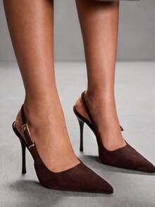 CUCCOO SZL Giày cao gót mũi nhọn thời trang thiết kế khóa cài cho nữ, đa năng khi diện hàng ngày - màu nâu - Xem 4