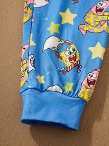 SpongeBob SquarePants | SHEIN Young Boy Cartoon Pattern Cute Colorblock Long Sleeve T-Shirt And Star Print Blue Comfortable Pants Pajama Set - Blue - View 8