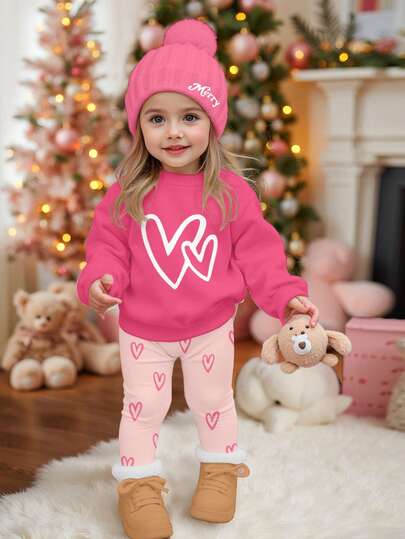 Pink & Cream, Cute & Sweet Girly Heart Series, Baby Girl Casual Comfortable Soft Warm Crew Neck Long Sleeve Sweatshirt And Leggings Set, Suitable For Autumn/Winter Daily Wear, New Year, Outings, Home