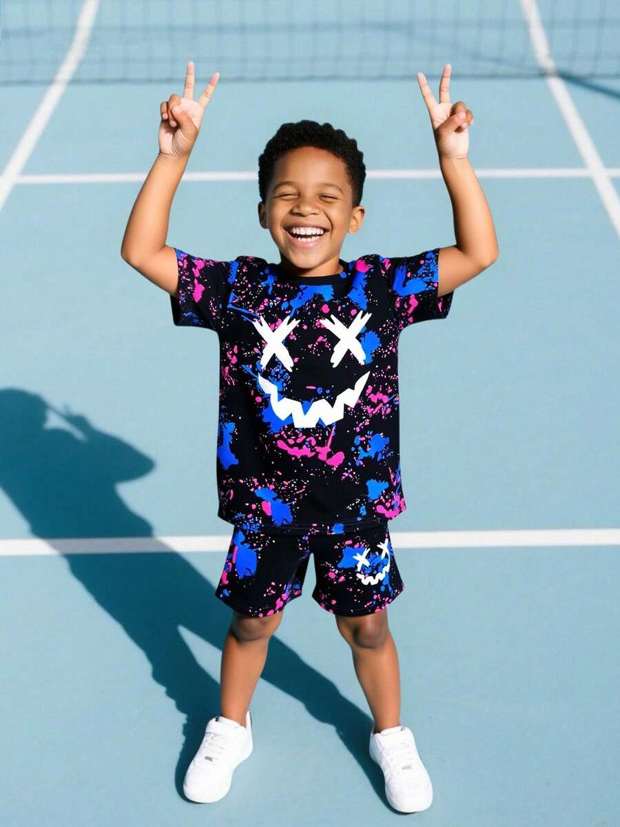 SHEIN Fantacosmos 2pcs/Set Young Boy Cartoon Pattern Round Neck Short Sleeve T-Shirt And Shorts, Summer - Black - View 1