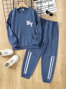 SHEIN Mirajuku Casual Oversized Letter Print Hoodie Set For Tween Boys, Suitable For Leisure, School, And Sports Wear - Dusty Blue - View 7