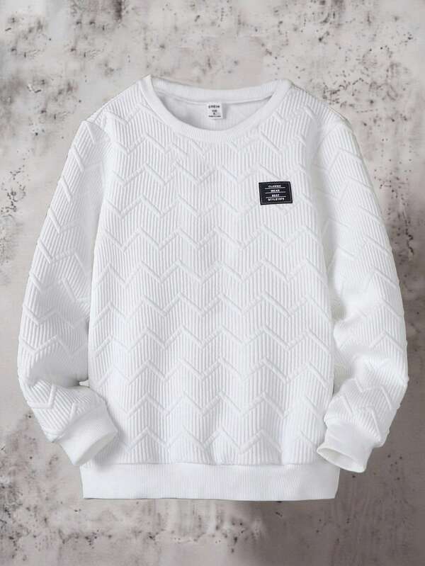 SHEIN Tween Boy Geometric Fabric Letter Print Crew Neck Long Sleeve Casual Sweatshirt