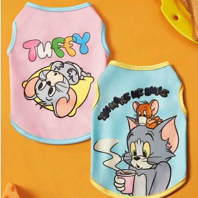 TOM & JERRY X PETSIN 1件/2件装粉蓝撞色宠物猫狗通用弹力舒适猫鼠可爱卡通图案印花时尚狗狗背心