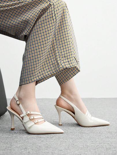 CUCCOO BIZCHIC 2.95in Heel Pointed Toe Slingback Pumps, Casual Closed Toe Slip-On Heels With Triple Buckle Decor, Beige Patent Leather, Suitable For Office, Commute, Party