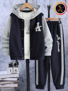 Vacaura 2pcs/Set Boys' Casual School Hooded Baseball Jacket And Contrast Color Drawstring Sweatpants Outfit, Autumn/Winter Fall - Navy Blue - View 3
