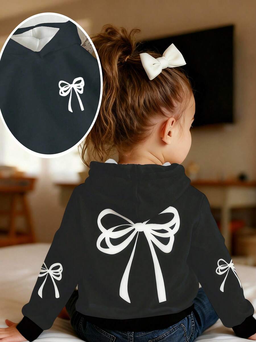 Baby Girl Bow Print Casual Hooded Long Sleeve Sweatshirt, New For Autumn/Winter - Multicolor - View 1