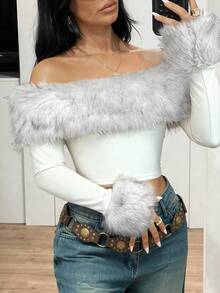 SHEIN ICON 1件露肩毛边修身优雅纯色长袖T恤 - 白色 - 查看 6