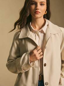 Poéselle Women's Cropped Trench Jacket – Beige Lightweight Single-Breasted Spring Coat For Casual & Commute Layering Cropped Trench Coat Beige Jacket Women Lightweight Spring Coat Minimalist Outerwear Commuter Jacket Neutral Tone Quiet Luxury Coat Short Trench Style Women's Solid Color Raglan Sleeve Front Button Casual Trench Coat Winter For Women - Khaki - View 4