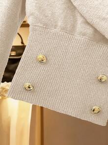 Franclia Áo len nữ mùa thu/đông kiểu dáng trang trọng, cổ chéo, vai rớt, tay dài, màu trơn, cài khuy giả bằng kim loại, tay phồng. - Màu be - Xem 6