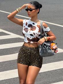 SHEIN EZwear 黑色和金色女士亮片针织派对短裤 - 金色 - 查看 3