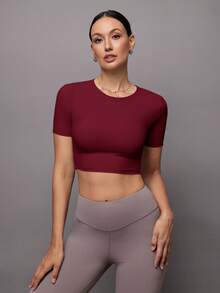 Activina Áo thun thể thao ngắn tay hở lưng màu trơn gợi cảm tối giản dành cho nữ - Đỏ - Xem 2