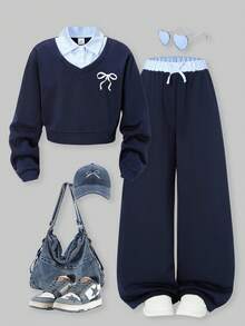 SHEIN ChillGRL 2件套少女Romweezy宽松休闲拼接撞色二合一衬衫式V领短款卫衣搭配宽松休闲阔腿撞色拼接裤套装，适合日常、通勤、休闲、度假、聚会、街拍等场合。