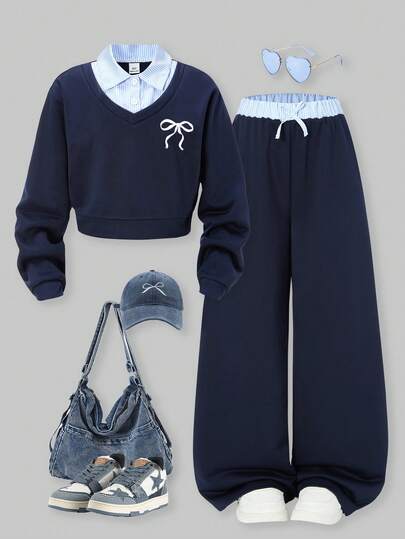 SHEIN ChillGRL 2pcs/Set Tween Girls Romweezy Loose Casual Splice Contrast Color 2 In 1 Collared Shirt Style V-Neck Cropped Sweatshirt Paired With Loose Casual Wide Leg Contrast Color Splice Pants Set, Suitable For Daily, Commute, Casual, Vacation, Gathering, Street Photography